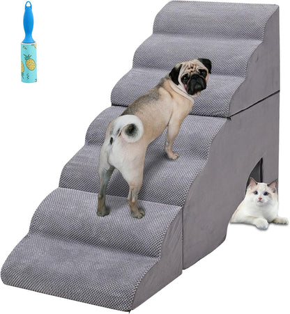 Dog Stairs for High Beds 30-36 inches Tall, 6-Step Dog Steps for Bed 32-36 inches for Small Large Dogs, Doggie Ramp for Bed, 30D Foam Pet Stairs for Old Dogs/Cats, Free-Installation, Grey