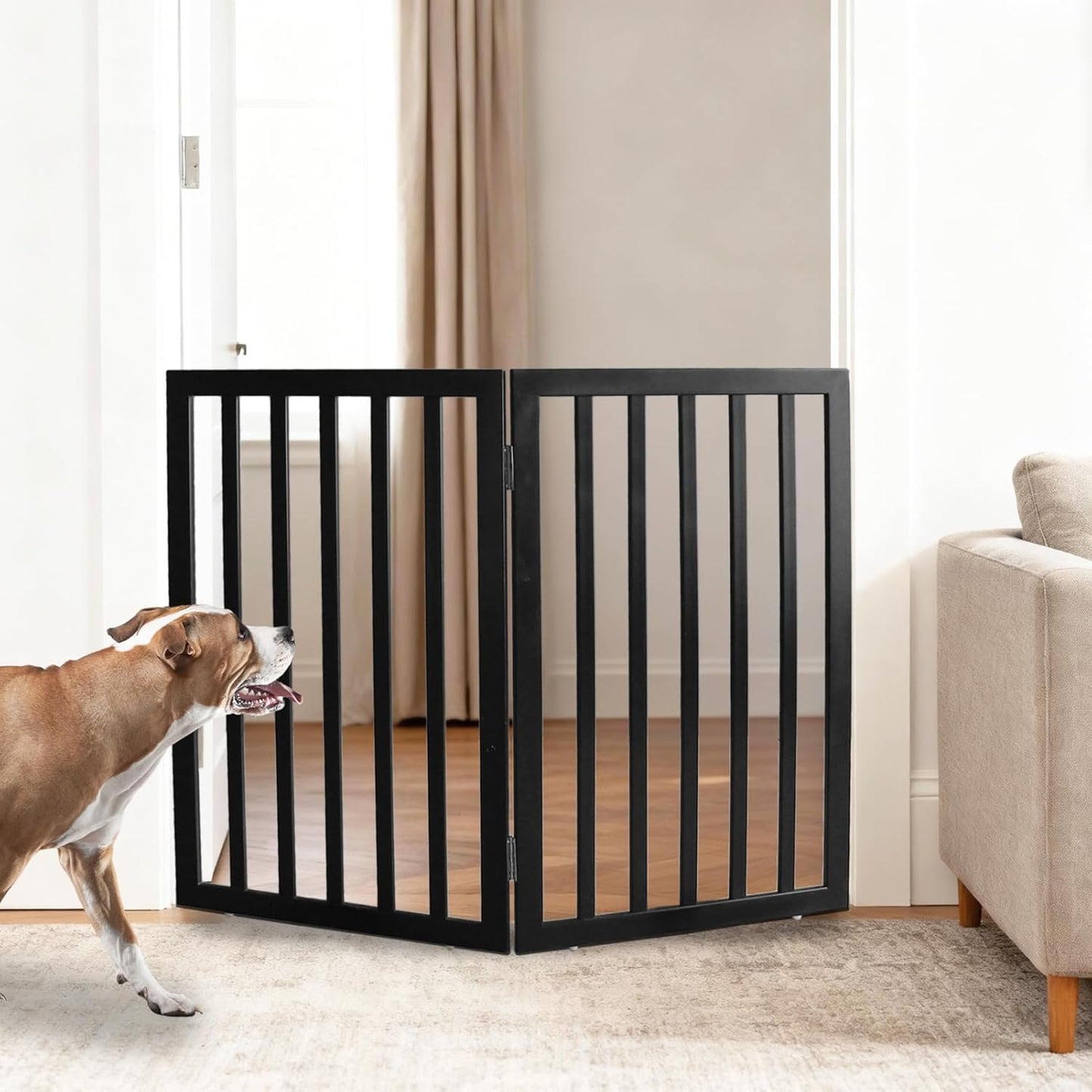 ZJSF Freestanding Indoor Dog Gate for House Foldable Wood Brown Puppy Gate for Doorways Pet Gate for Stairs Extra Wide Pet Fence 24" Height 2 Panels