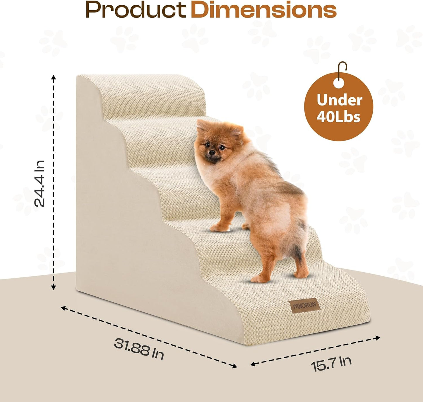 Dog Stairs for High Beds Up to 30", Extra-Tall 5-Step Dog Steps for Bed, 24.5" Tall Foam Pet Stairs for Small & Medium Dogs, Gentle Slope Cat Ramp for Bed with Washable Cover