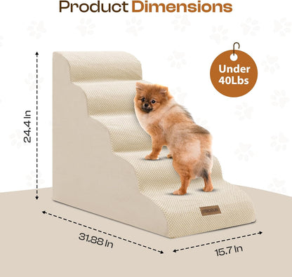 Dog Stairs for High Beds Up to 30", Extra-Tall 5-Step Dog Steps for Bed, 24.5" Tall Foam Pet Stairs for Small & Medium Dogs, Gentle Slope Cat Ramp for Bed with Washable Cover