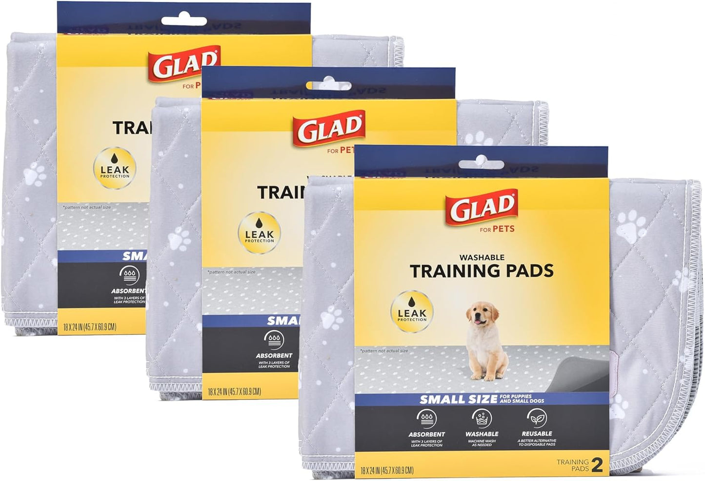 Glad for Pets Washable Dog Pee Pads, Medium, 24 x 36 Inch, 2 Count, Gray with Paw Prints, 3-Layer Leak Protection, No-Slip Vinyl Bottom, Reusable Puppy Training Pads