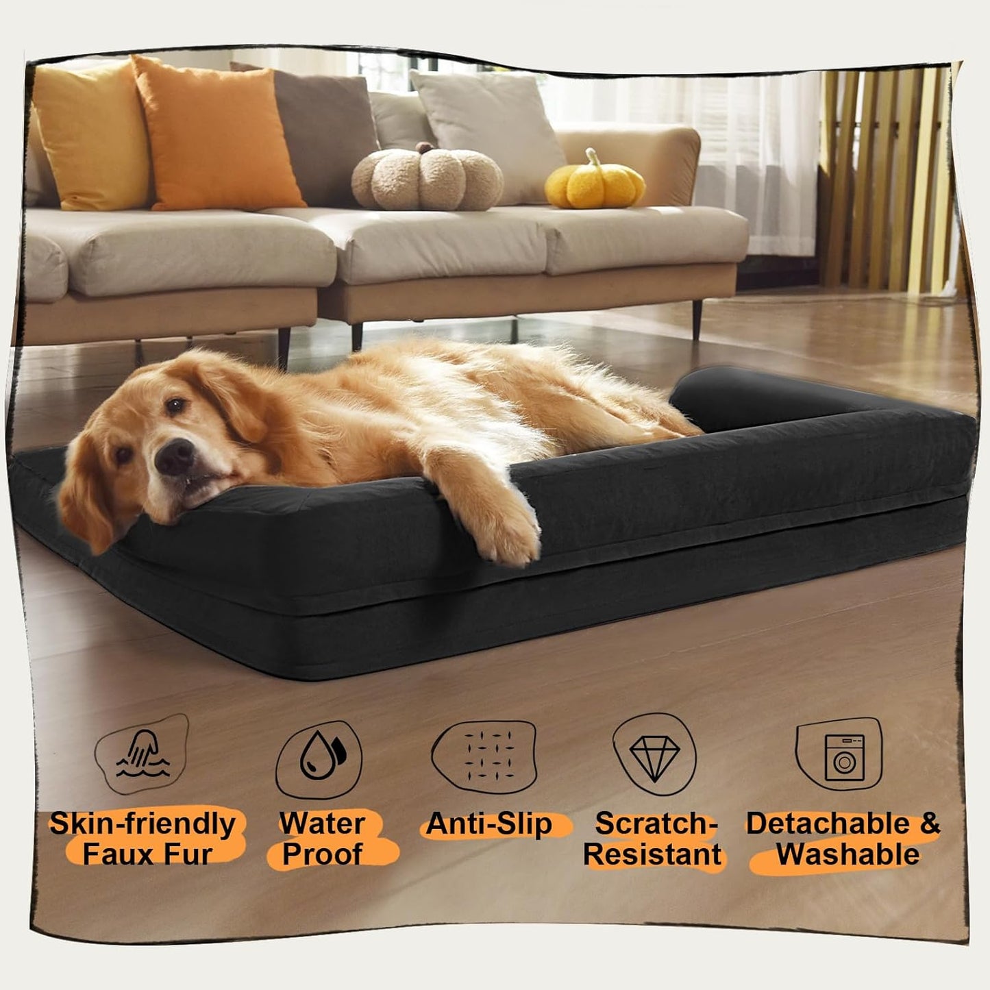Large Dog Bed Orthopedic Washable - Beds Bolster - Medium XL XLarge Big Dogs - Memory Foam Couch Sofa - Waterproof with Removable Cover