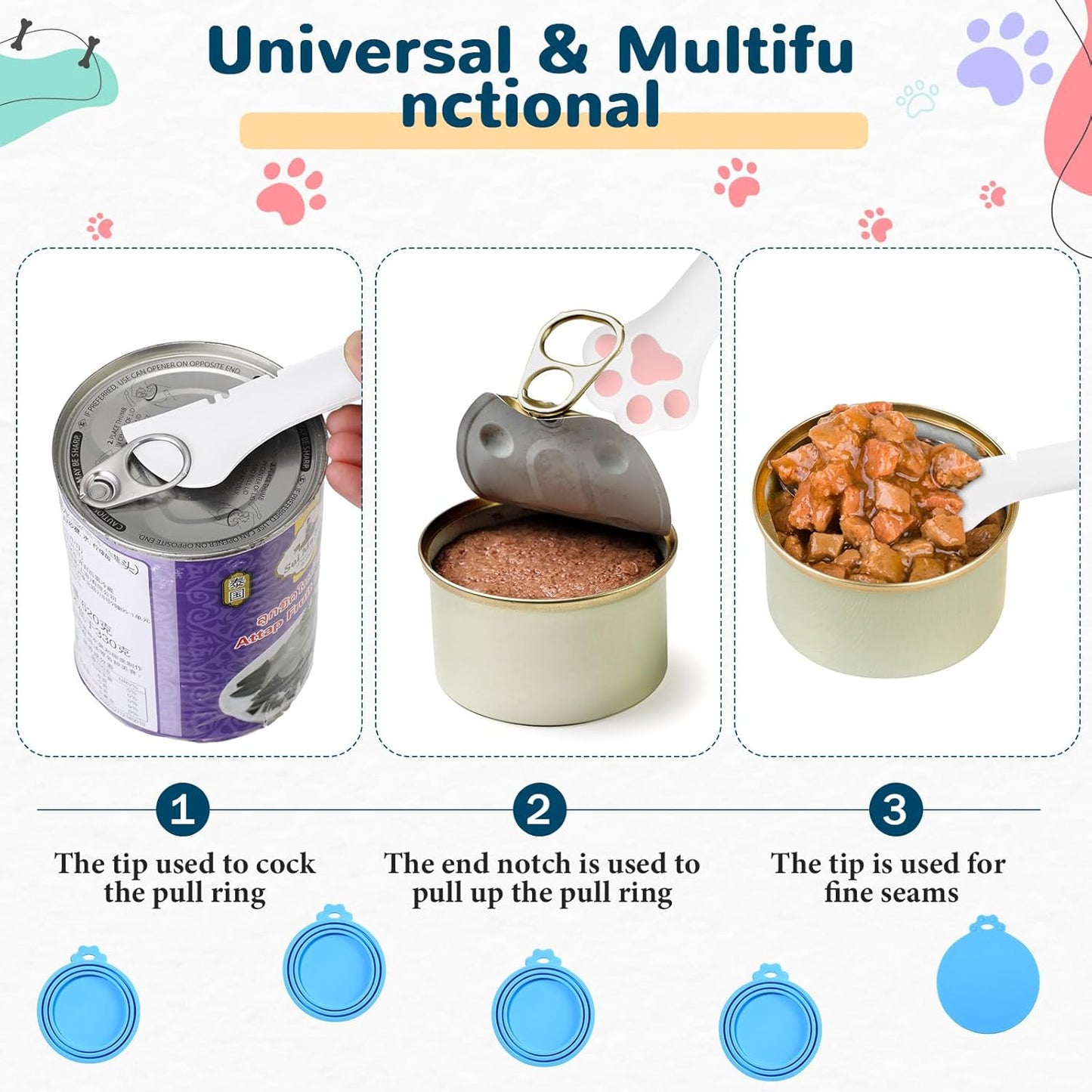 Uiifan 8 Pcs Cat Food Can Covers Lids Set, Silicone Pet Food Can Lids with Multi-Function Cat Foods Spoon and Opener, Silicone Wet Foods Spoon for Cats and Dogs(Pink)