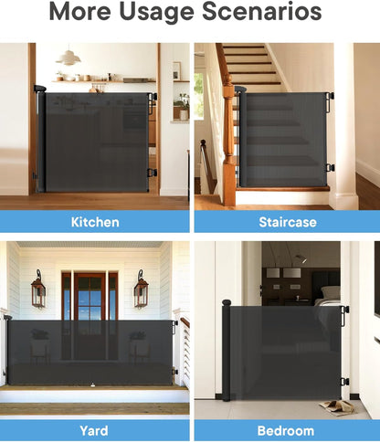Retractable Baby Gate - 55" Wide Mesh Pet Gate with Anti-Crawling Hook, Safety Lock, One-Hand Operation, 34" Tall Baby Gate for Stairs, Doorways, Hallways, Garage, Indoor Outdoor, Black