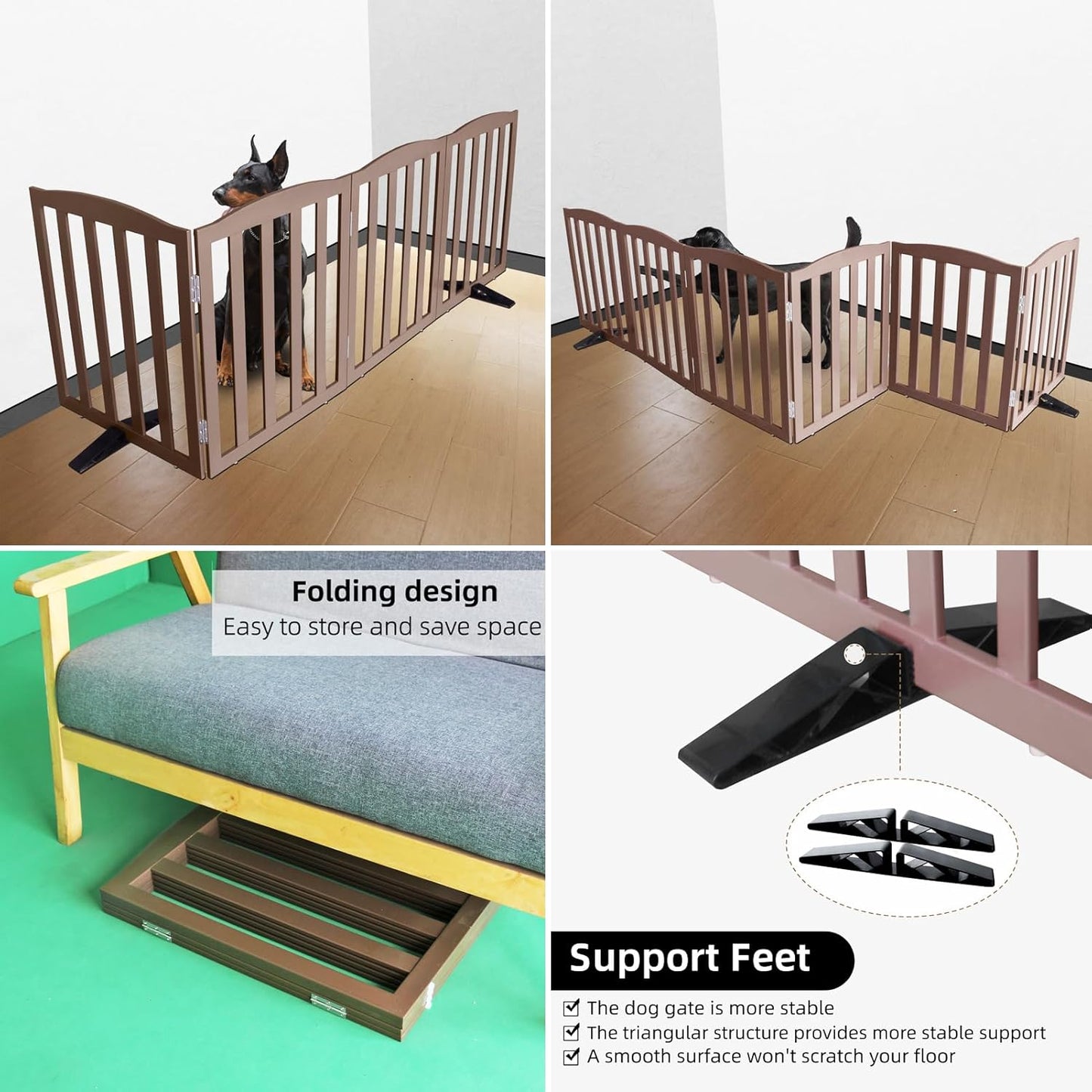 ZJSF Foldable Freestanding Indoor Dog Gate for House Wood White Long Pet Gates Dog Fence for Stairs Puppy Gates for Hallways,Pet Fence, Puppy Gate,Support Feet Included 24 "Height-3 Panels