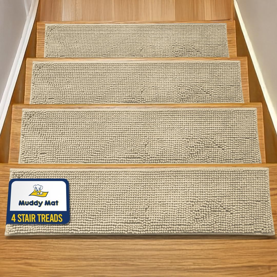 Muddy Mat® Pack of 4 - Soft Chenille Stair Treads Non-Slip Reusable, Super Absorbent Stair Treads for Wooden Steps, Tile & Marble Floor, Easy to Install & Machine Washable - Grey 30'' x 7''