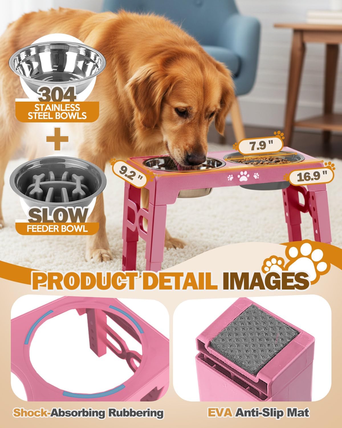 Jovrun Elevated Dog Bowls for Small Dogs and Cats, Non-Slip Cat Bowls with 2 Thick 5.5" Stainless Steel Dishes, Dog Feeder 2 Heights Adjustable to 2.6"-5.3"