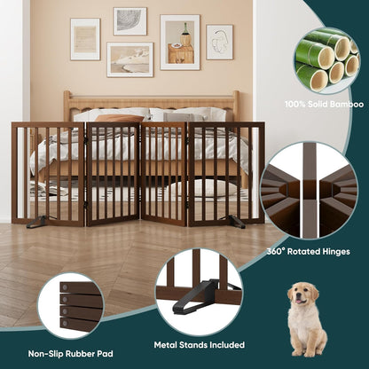 Freestanding Dog Gates Indoor, 3-Panel Pet Gates with 2 Metal Stands and 360° Hinge, 24" H Foldable Dog Gate for Stairs, Doorway, Kitchen, Expands Up to 55" Fully Assembled - Black Walnut
