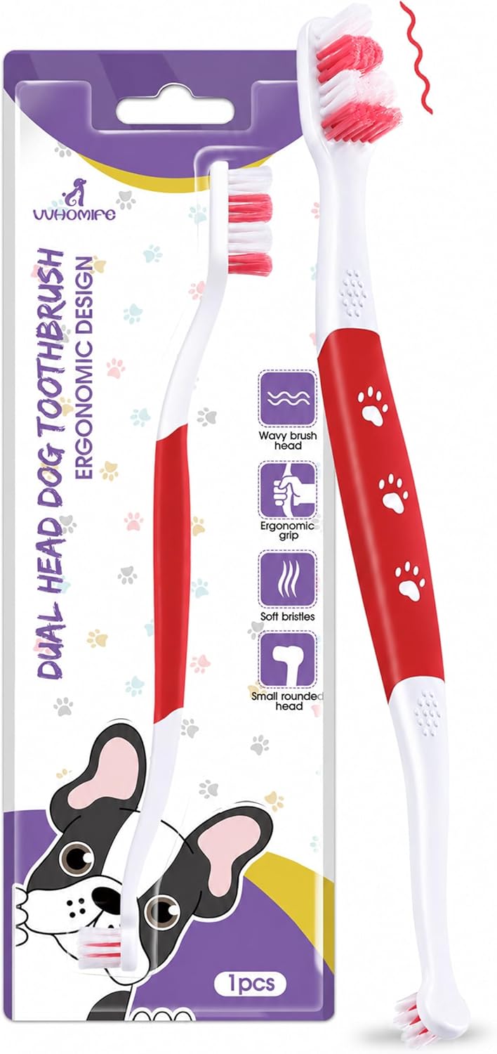 Dog Toothbrush – Newly Upgraded Dual-Head Design with 60° Wavy Bristles – Gently Surrounds Teeth for Deep Cleaning and Plaque Removal – Non-Slip Handle, Ideal for Daily Pet Dental Care (Pink, 1-Pack)