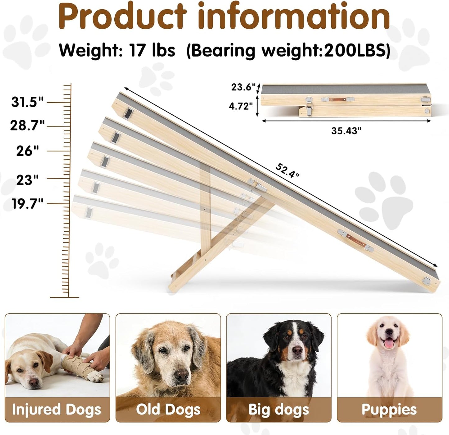 Dog Ramp for Couch with Non-Slip Silicone Mat, 39" Wooden Pet Ramps for Small Dogs, Hold up to 100lb, Adjustable Height from 11.41" to 20.47", Portable Stable Pet Step for Sofa Stairs