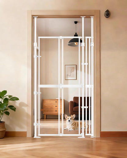 NiceTCU 74.80-98.43'' Extra Tall Cat Gate, Adjustable 33.86-41.34" Wide, Transparent Full Door Pet Gate, Auto Close No Drilling Cat Proof Safety Gate for Doorway Stairs- White