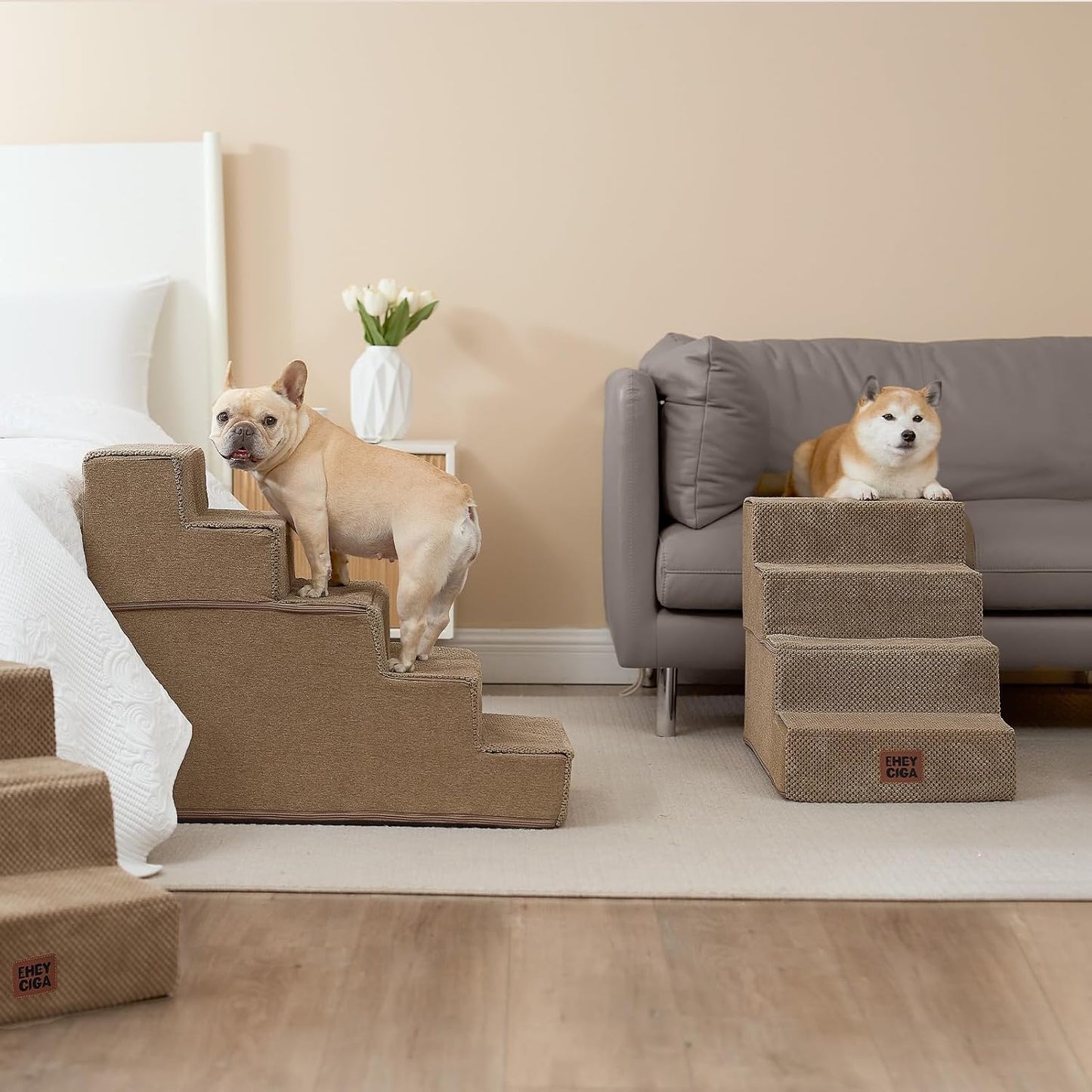 EHEYCIGA Dog Stairs for High Bed 22.5" H, 5-Step Dog Steps for Bed, Pet Steps for Small Dogs and Cats, Non-Slip Balanced Pet Ramp Indoor, Grey