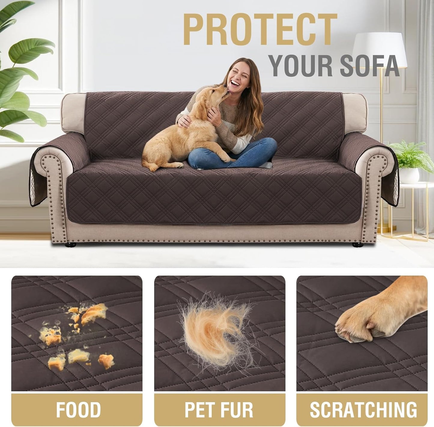 H.VERSAILTEX 100% Waterproof Slipcovers for Couches and Sofas Modern Pet Couch Cover Thick Soft Furniture Protector with Elastic Straps(Sofa, Lily Pad/Beige)