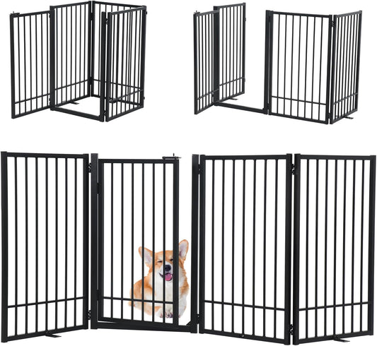 SMONTER Freestanding Dog Gate with Door Walk Through, 80.5'' Extra Wide Indoor Dog Fence, 31.5'' Height 4 Panels Foldable Metal Pet Puppy Gate for Stairs, Hallways, Doorway