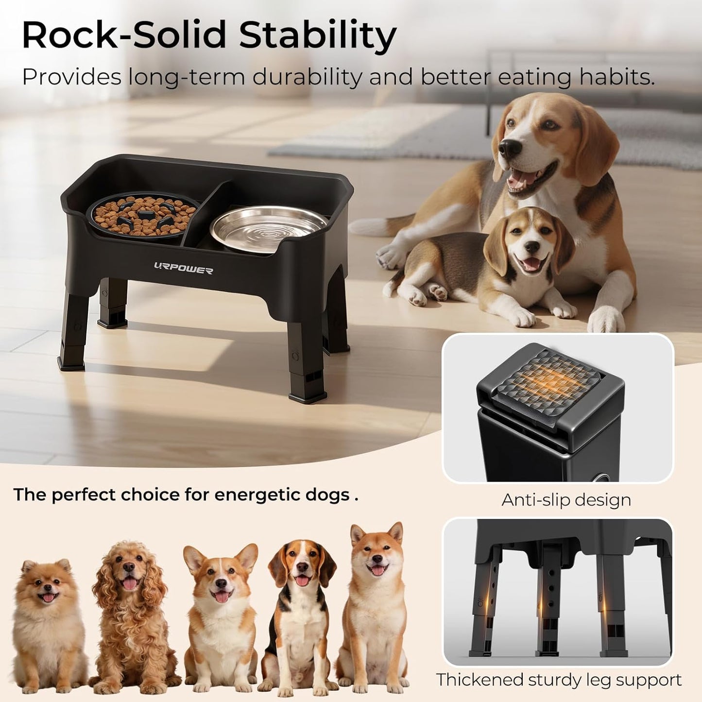URPOWER 3-in-1 Elevated Dog Bowls - Mess Proof Double Deck 4 Height Adjustable Raised Stand with 2 Stainless Steel Food Bowls & Licking Plate for Small, Medium & Large Dogs