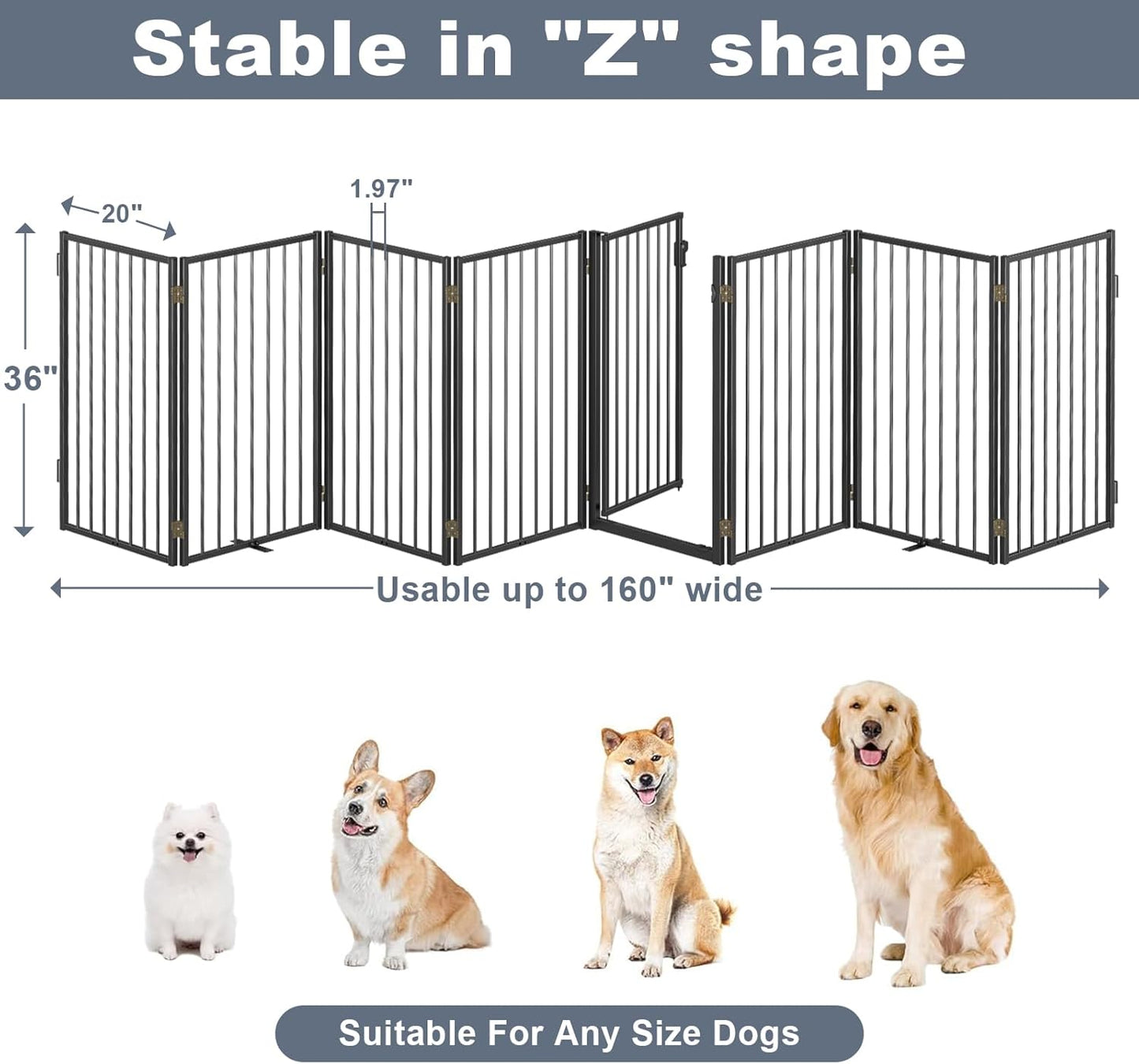 Metal Freestanding Dog Gates with Door for Outdoor Indoor,80'' Extra Wide 32'' Tall Free Standing Dog Gate for Doorways,Large Openings,Deck,Yard,Foldable Safety Pet Fence(Black,4 Panels)