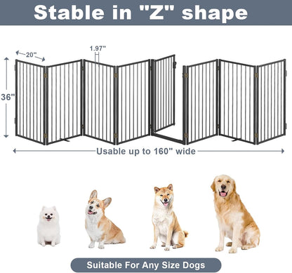 Metal Freestanding Dog Gates with Door for Outdoor Indoor,80'' Extra Wide 32'' Tall Free Standing Dog Gate for Doorways,Large Openings,Deck,Yard,Foldable Safety Pet Fence(Black,4 Panels)