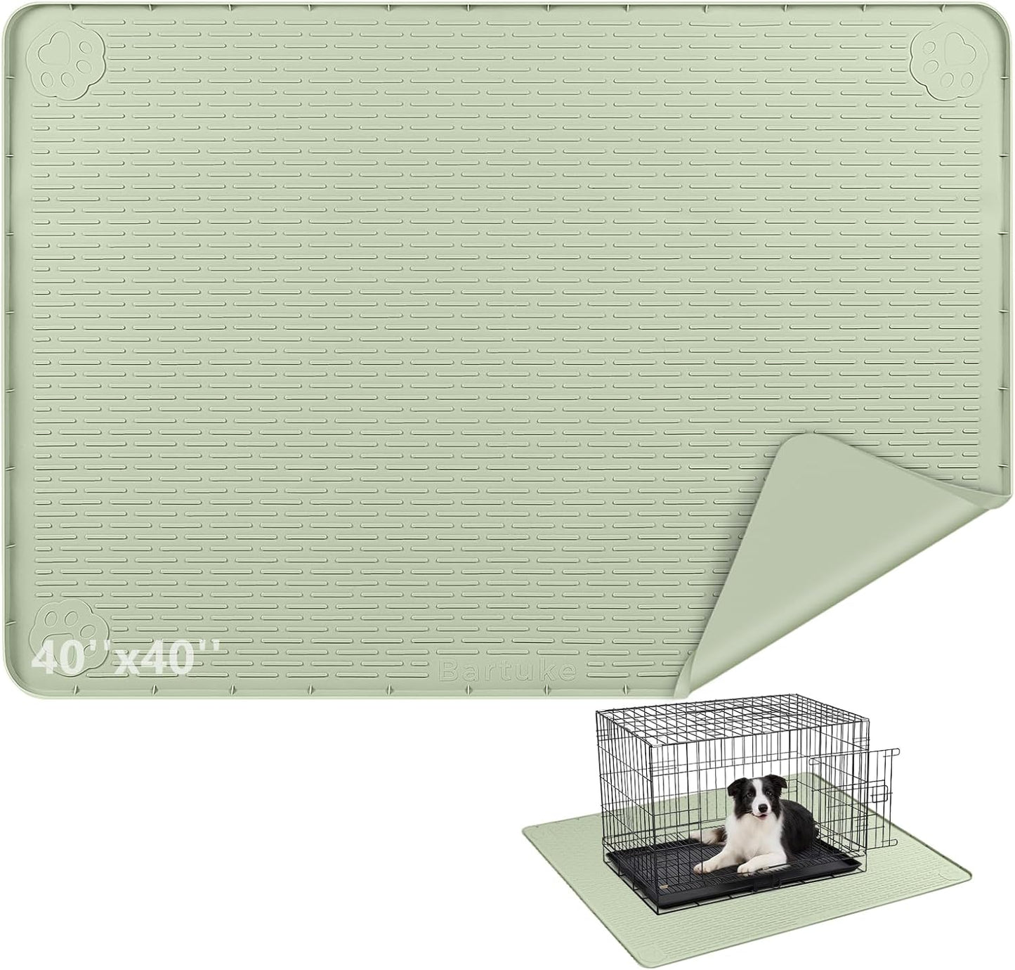 Silicone Dog Crate Mat, 50"x35" Under Dog Crate Kennel Pad with Raised Edge, Washable Dogs Bed Mat, Waterproof, Leakproof, Protect Floors (Green)