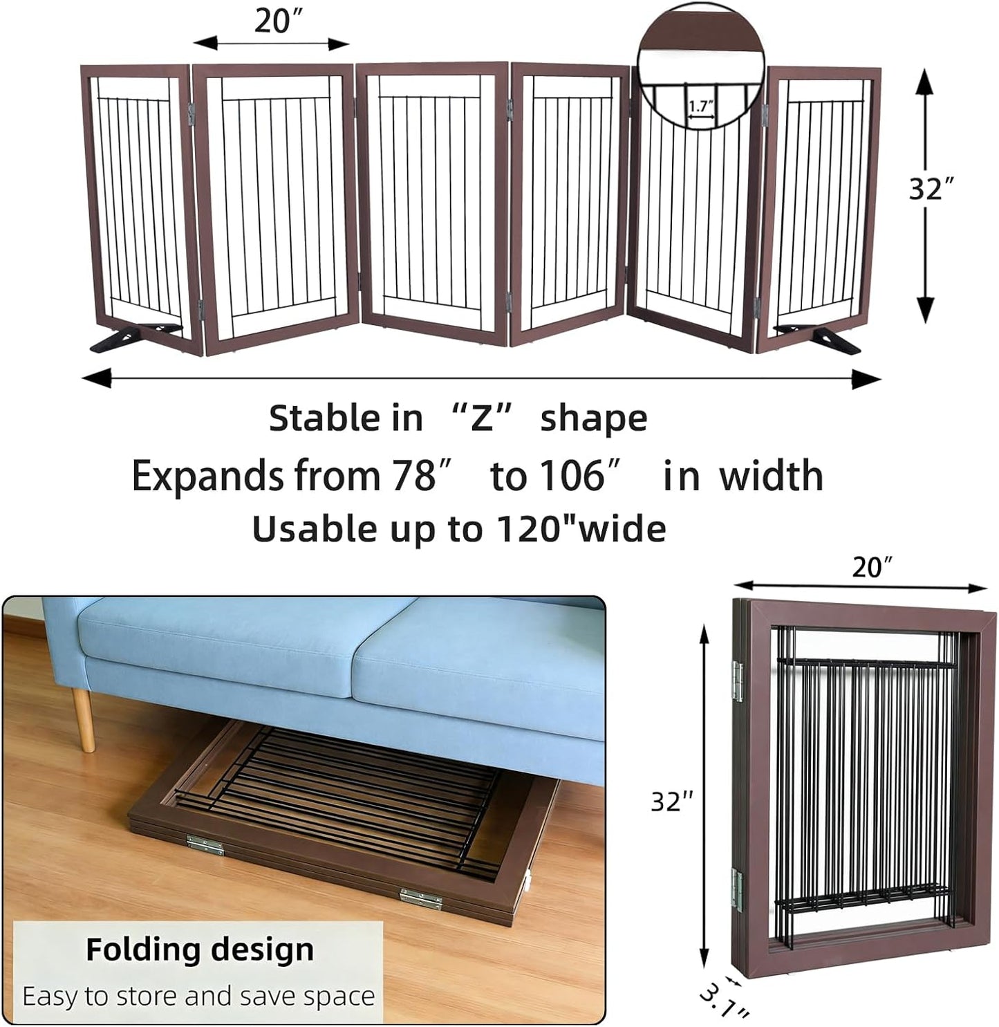 ZJSF Freestanding Dog Gate Indoor, Foldable Dog Fence for Doorways,Hallways or Stairs, Sturdy Wood Extra Wide Pet Gate with Support Feet,Black,24 "Height-3 Panels
