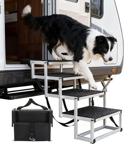 Foldable Dog Stairs for Cars, 4 Steps Wide Dog Ramp for Large Dogs with Non-Slip Surface, Lightweight Aluminum Foldable Steps for High Beds, Cars, SUVs, Trucks, Supports up to 250 lbs