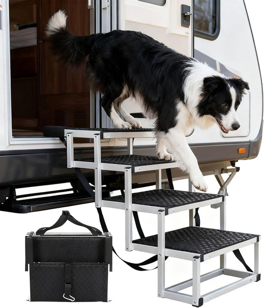 Foldable Dog Stairs for Cars, 4 Steps Wide Dog Ramp for Large Dogs with Non-Slip Surface, Lightweight Aluminum Foldable Steps for High Beds, Cars, SUVs, Trucks, Supports up to 250 lbs