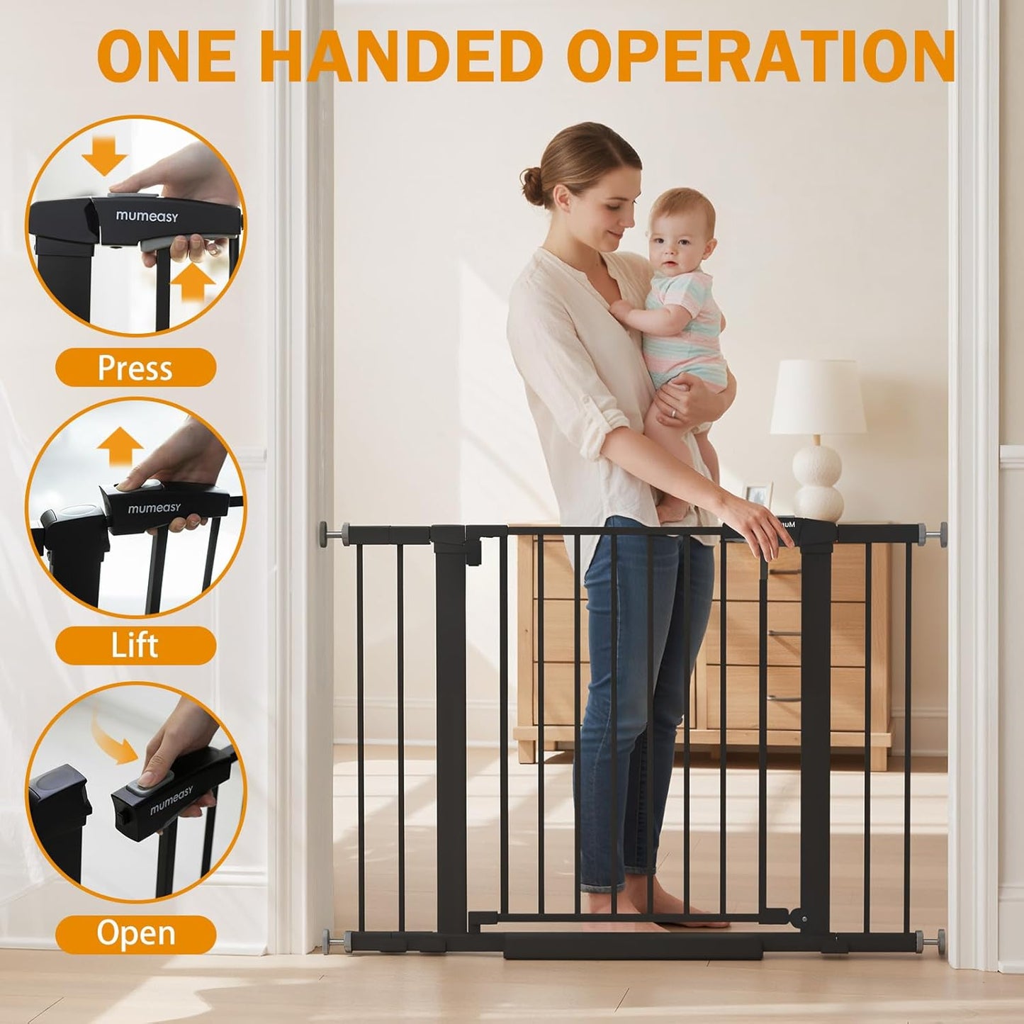 Mumeasy 29.7-46" Baby Gate for Stairs, Pressure Mounted Dog Gate for Doorways, Auto Close Walk Through Pet Gate Indoor, Extra Wide Metal Child Safety Gate, Mom's Choice Awards Winner, Black