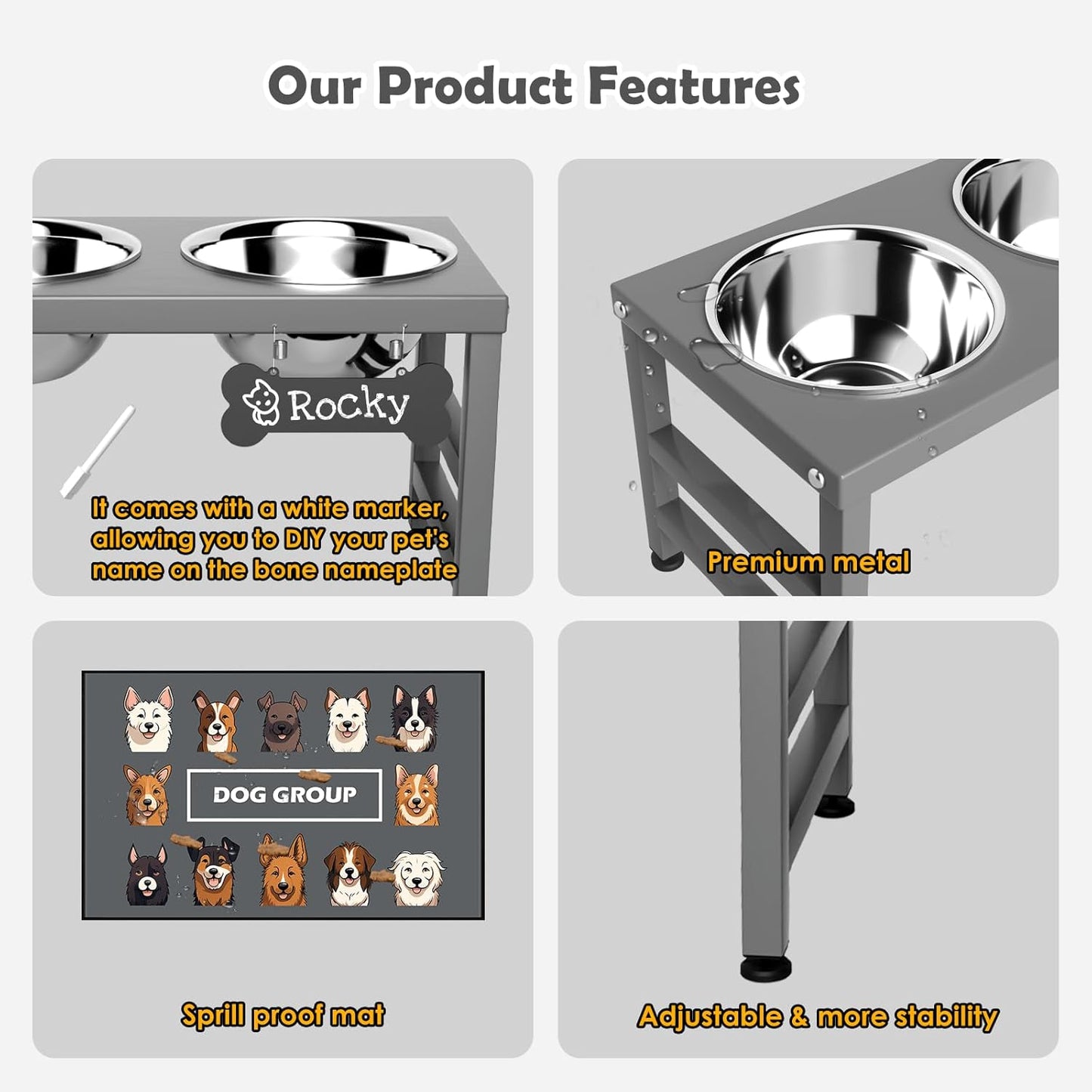 ADENGL Elevated Dog Bowls, 10" Tall Height, Raised Bowl Stand with 2 Stainless Steel Food Feeder Bowls (58oz) and Spill-Proof Mat for Medium Large and Small Breeds