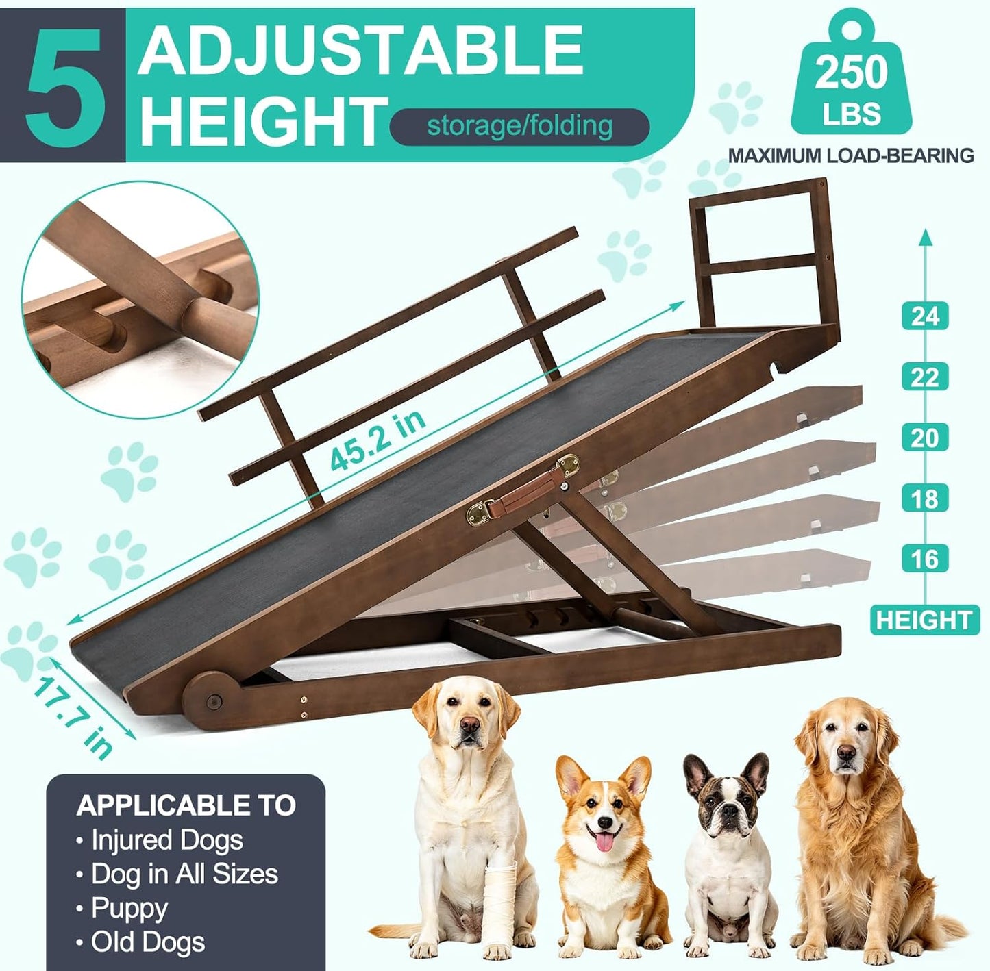 Dog Ramp for Couch, 5-Level Adjustable Wooden Pet Ramp for Bed & SUV, Adjustable Height 15.7"-23.6",Folding Non Slip Dog Ramps for Small Large Senior Dogs & Cats - Furniture Quality