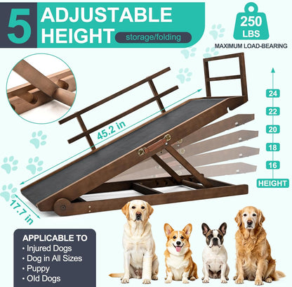 Dog Ramp for Couch, 5-Level Adjustable Wooden Pet Ramp for Bed & SUV, Adjustable Height 15.7"-23.6",Folding Non Slip Dog Ramps for Small Large Senior Dogs & Cats - Furniture Quality