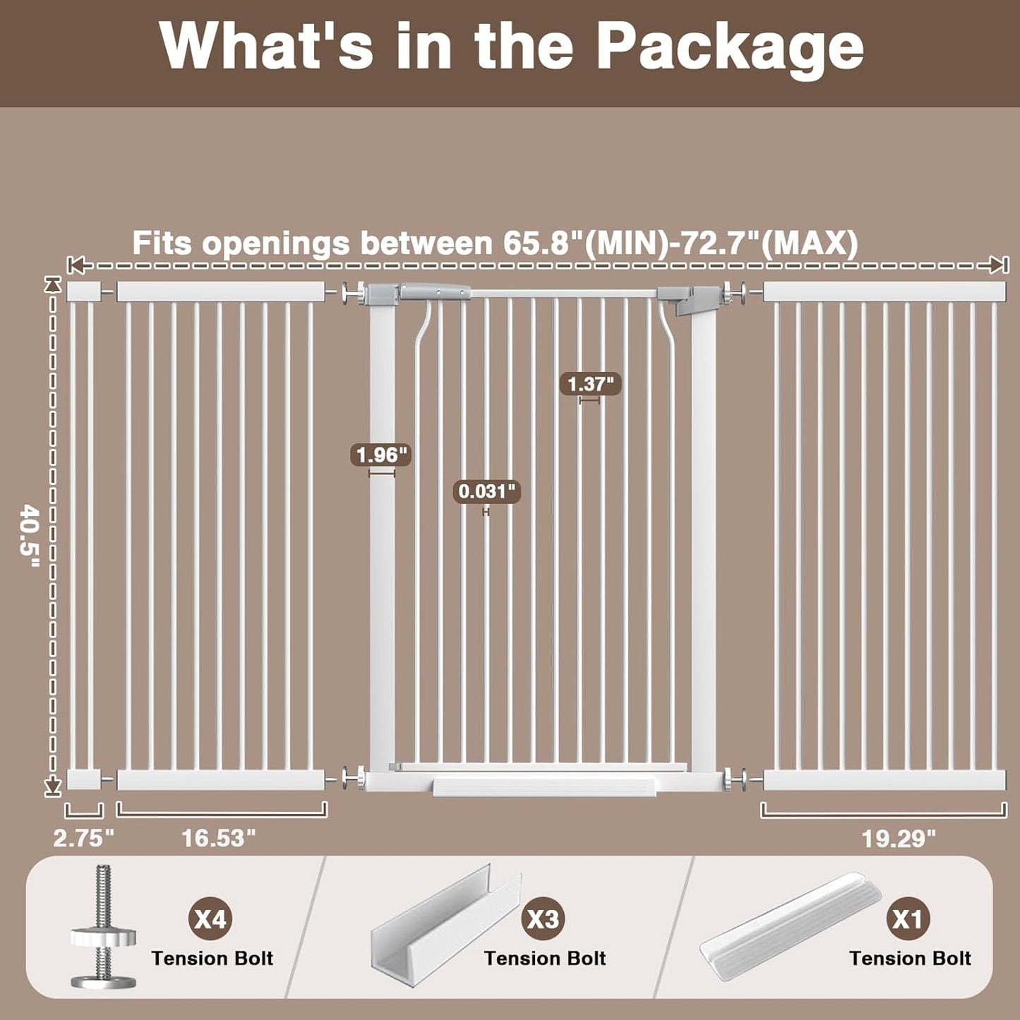 41" Extra Tall Cat Gate for Doorway, 49.2-54.7 Metal Pet Baby Safe Gate, Extra Wide Pressure Mounted Child Door with Expansion Kit, No Drilling No Climb Cat Fence Indoor, Tall Dog Gate, White