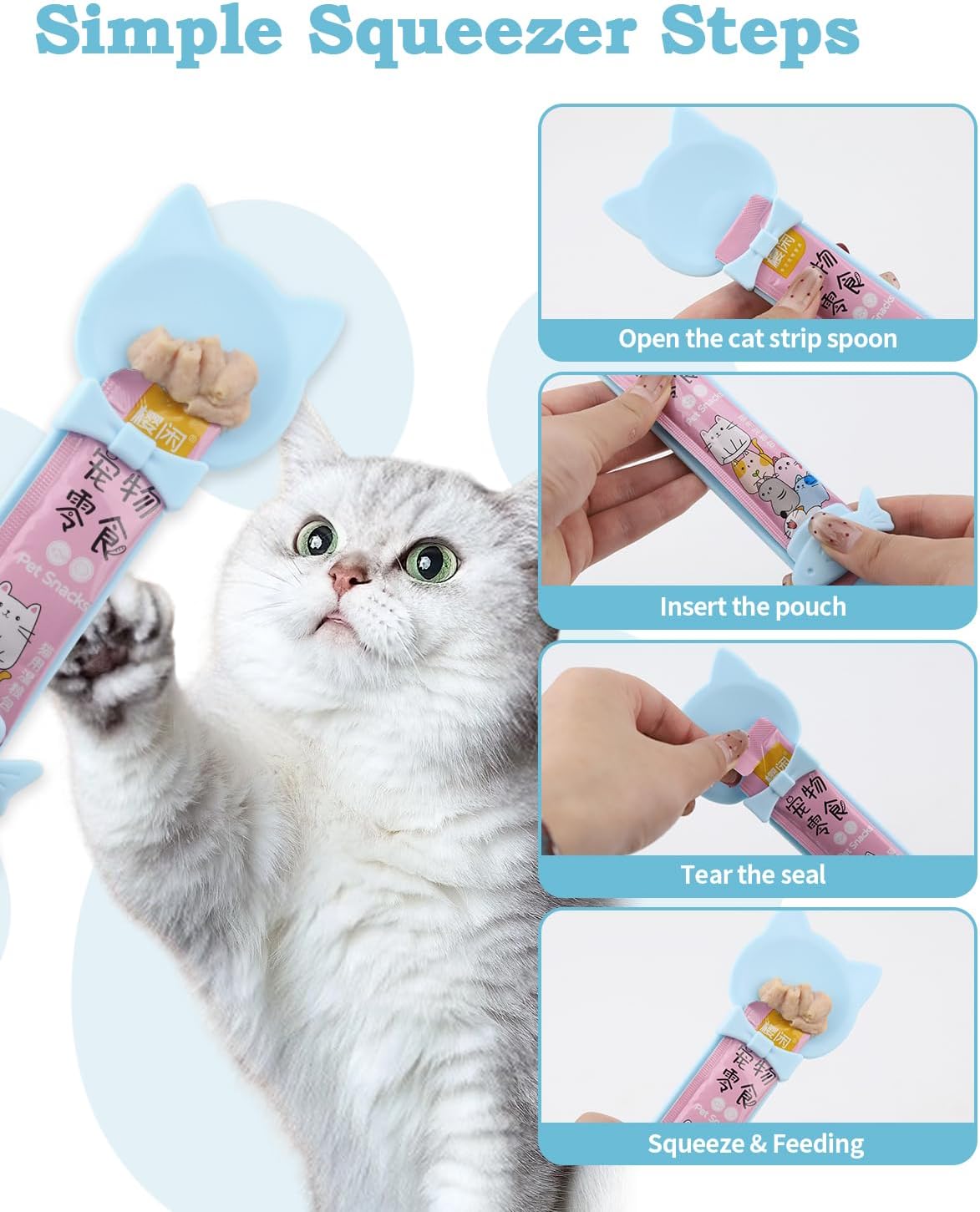 6 PCS Cat Food Can Covers Set, Reusable Silicone Can Lids with Opener, Stainless Steel Wet Food Spoon & Cat Treat Squeezer for Pet Feeding and Storage, Fits Cats & Dogs