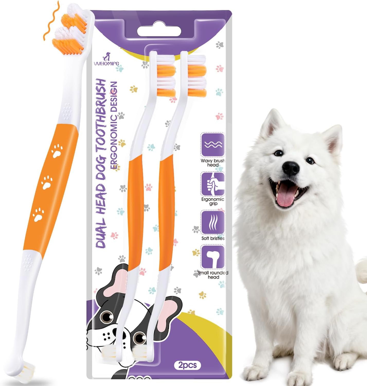 Dog Toothbrush – Newly Upgraded Dual-Head Design with 60° Wavy Bristles – Gently Surrounds Teeth for Deep Cleaning and Plaque Removal – Non-Slip Handle, Ideal for Daily Pet Dental Care (Pink, 1-Pack)