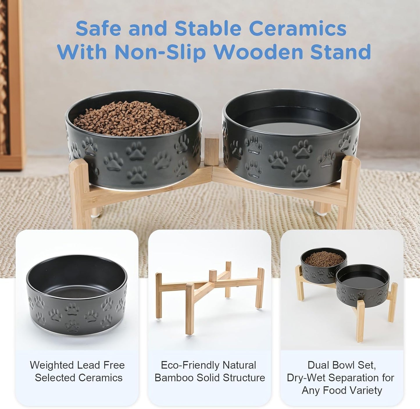 SPUNKYJUNKY Elevated Dog Bowls Ceramic, 6.1'' Dogs and Cat Food Water Bowls Raised with Non-Slip Bamboo Stand for Medium Sized Breed Microwave Dishwasher Safe - 28.7 OZ,Beige