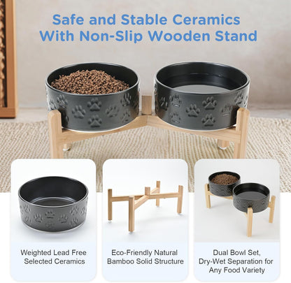 SPUNKYJUNKY Elevated Dog Bowls Ceramic, 6.1'' Dogs and Cat Food Water Bowls Raised with Non-Slip Bamboo Stand for Medium Sized Breed Microwave Dishwasher Safe - 28.7 OZ,Beige