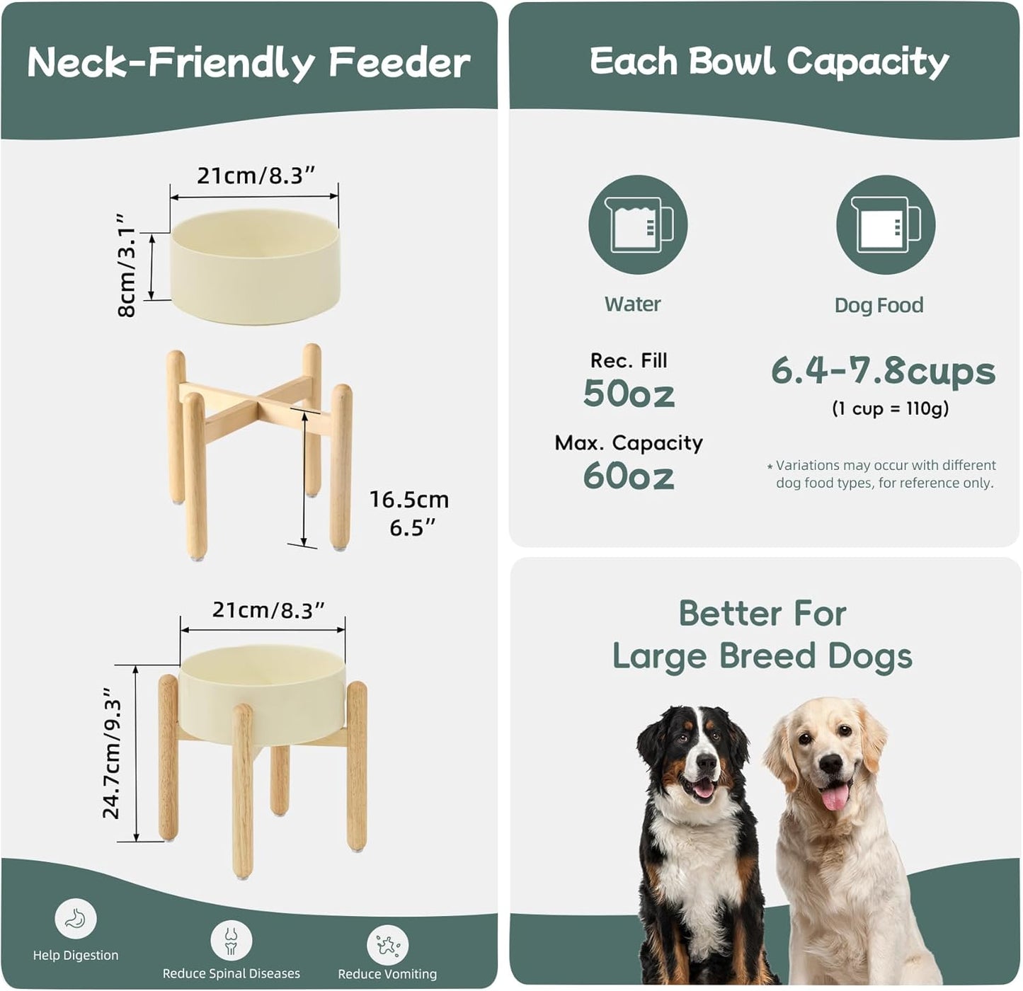 Havniva 8.3inch Ceramic Raised Dog Bowl with Stand, Elevated Dog Bowls for Large Breed Dog Food and Water Bowl Non-Slip Dog Dish Large Capacity Feeding Pet Water Bowl