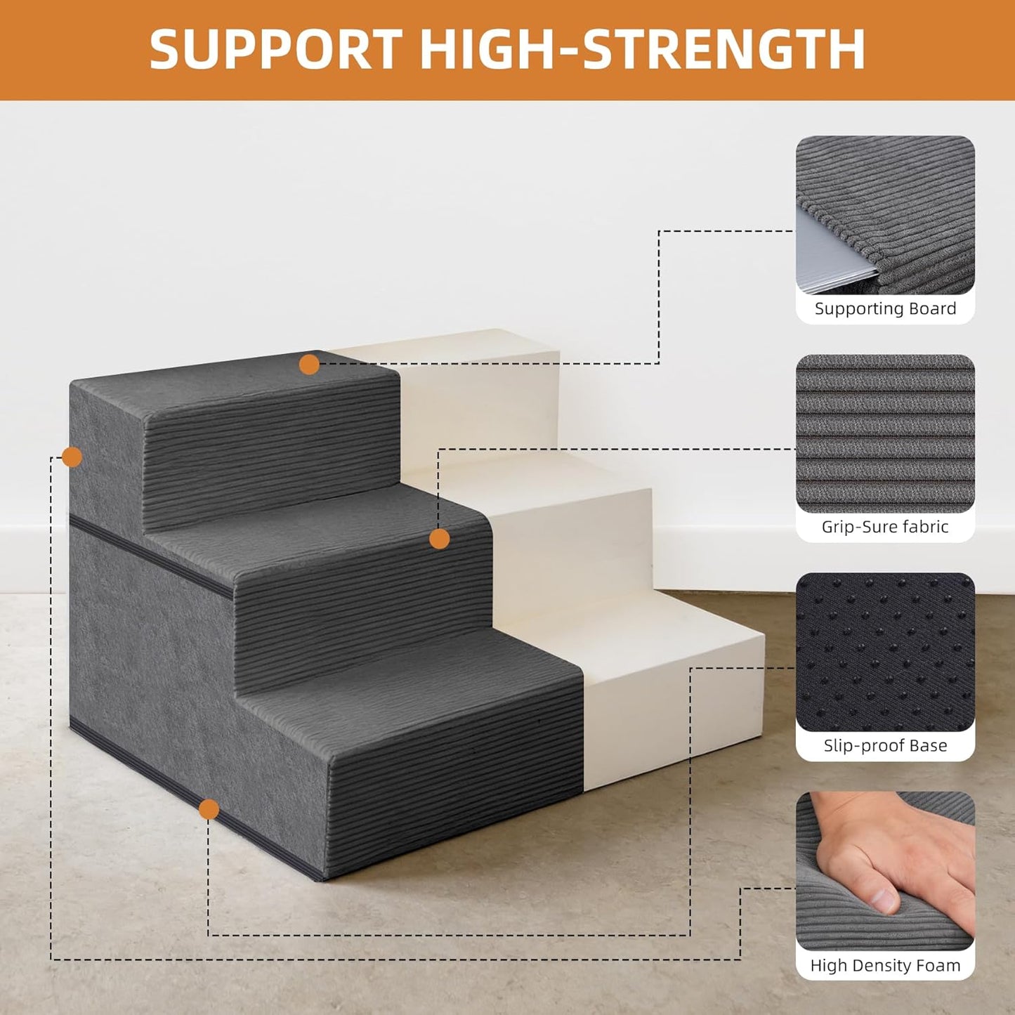 Dog Stairs for Small Dogs, 13.5" H, 3-Step Pet Steps for Couch Sofa and Chair, Non-Slip Balanced Pet Ramp for Medium Cats,Indoor Dog Ladder, Grey