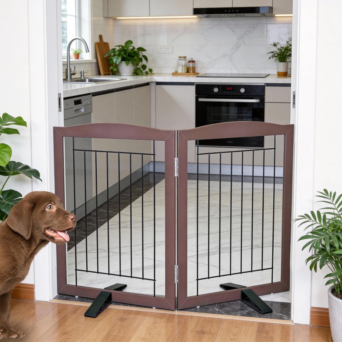 ZJSF Freestanding Dog Fence Indoor, Foldable Dog Gate for Doorways, Stairs or Hallways, Sturdy Wood Extra Wide Pet Gate with Support Feet for The House, White, 24 "Height-3 Panels