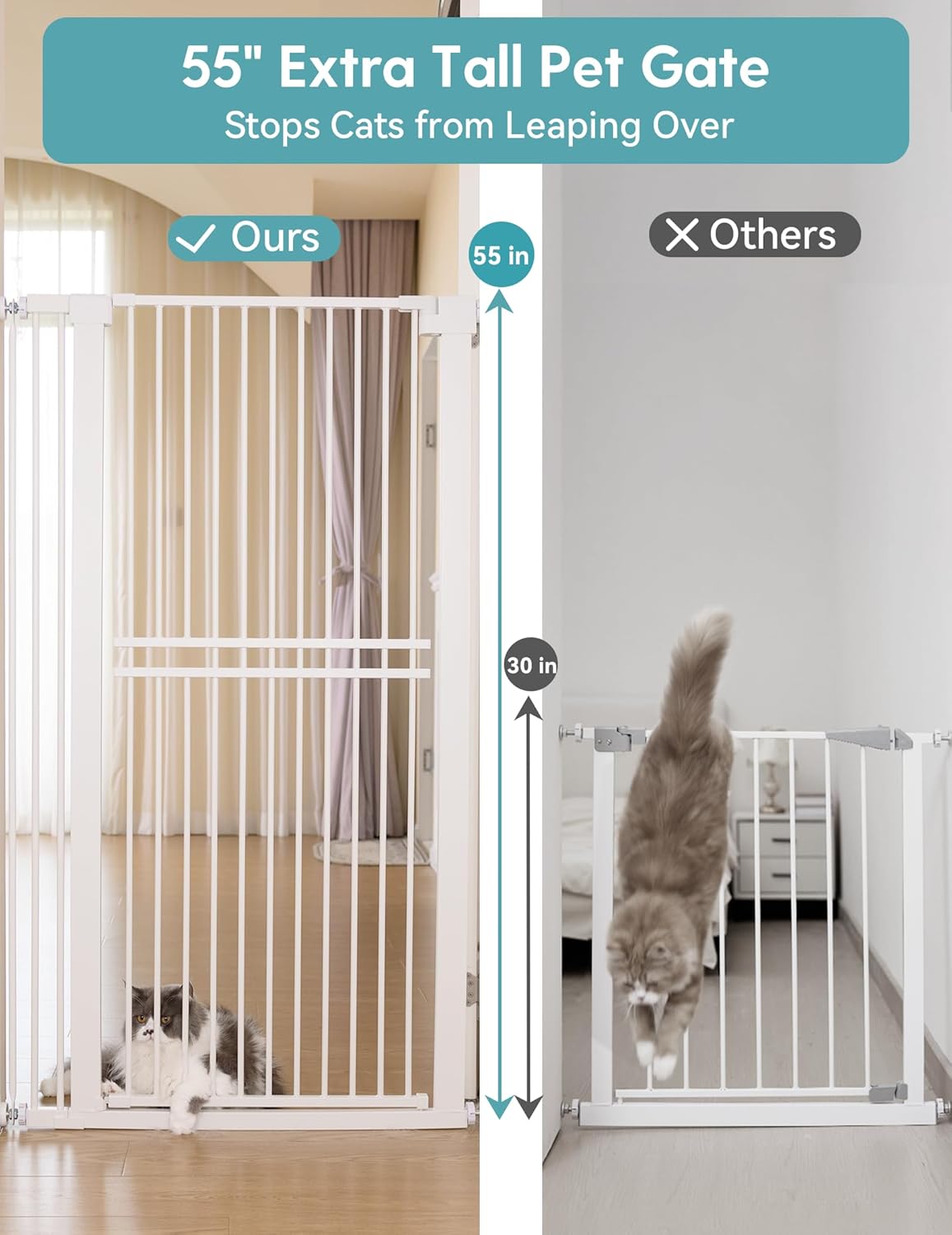 No Pawblems 55" Extra Tall Pet Gate for Cat/Dog, 29-40" Wide Auto Close Tall Dog Gate for Doorways/Hallways, 1.37" Ultra Narrow Spacing, NO Drilling Pressure Mounted, Black