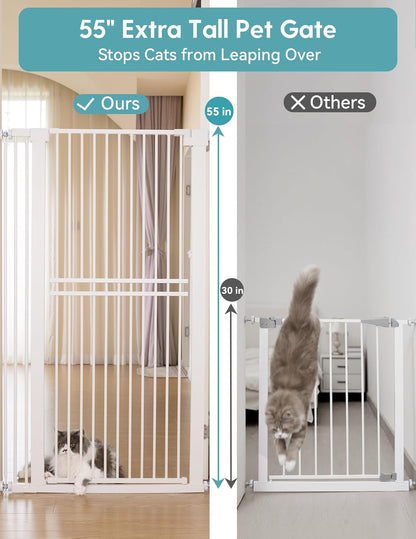 No Pawblems 55" Extra Tall Pet Gate for Cat/Dog, 29-40" Wide Auto Close Tall Dog Gate for Doorways/Hallways, 1.37" Ultra Narrow Spacing, NO Drilling Pressure Mounted, Black