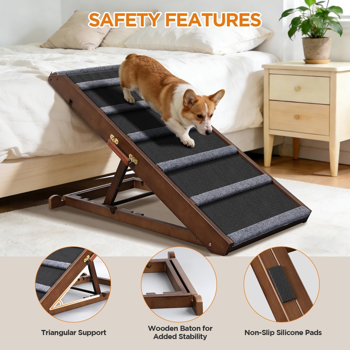 Dog Ramp for Bed - Extra Wide 17’’, Non-Slip Rubber Surface Excellent Traction, Pet Ramp for Small Large Dogs to Get on High Couch Car, Hold up to 200lb, Adjustable, Foldable