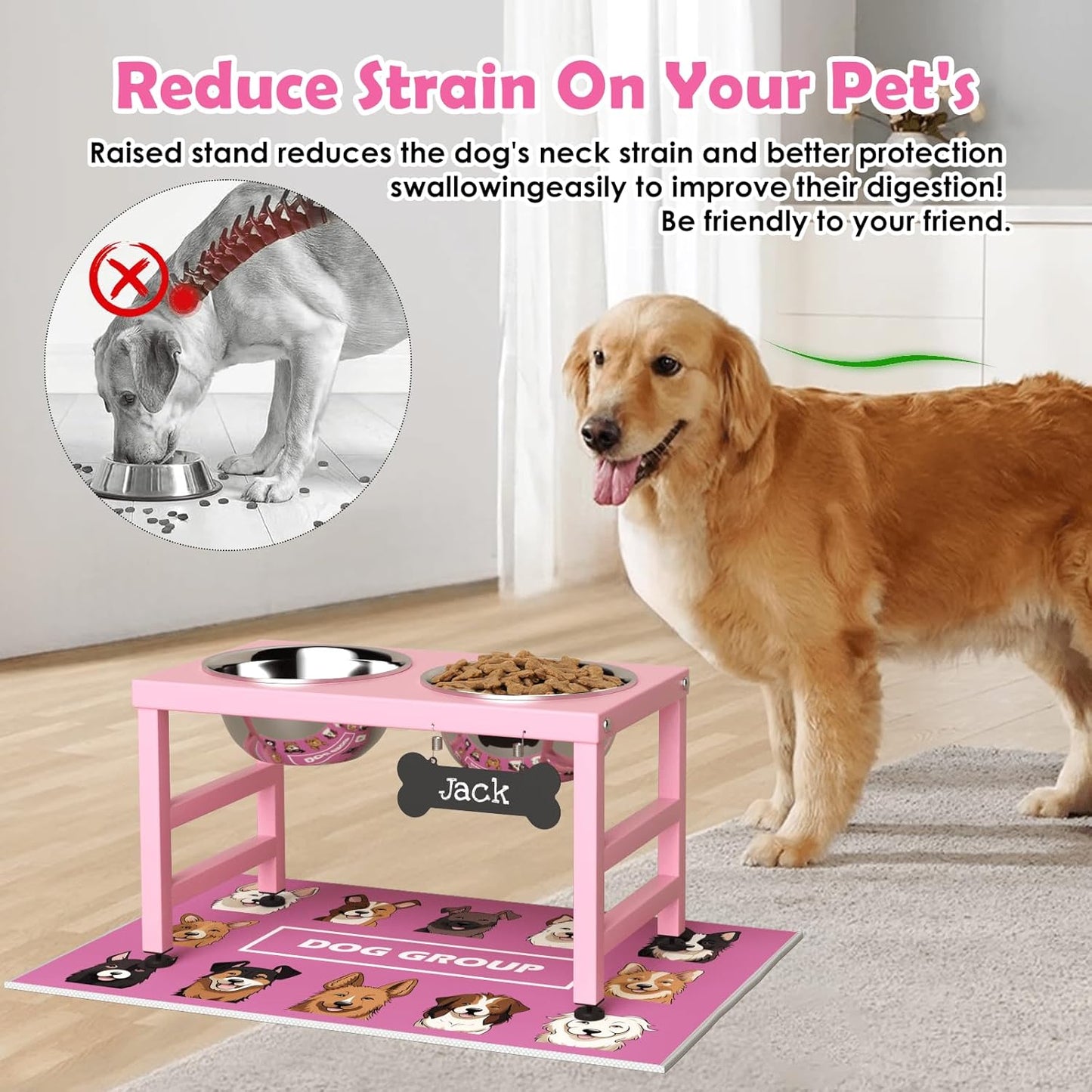 ADENGL Elevated Dog Bowls, 10" Tall Height, Raised Bowl Stand with 2 Stainless Steel Food Feeder Bowls (58oz) and Spill-Proof Mat for Medium Large and Small Breeds