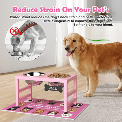 ADENGL Elevated Dog Bowls, 10" Tall Height, Raised Bowl Stand with 2 Stainless Steel Food Feeder Bowls (58oz) and Spill-Proof Mat for Medium Large and Small Breeds