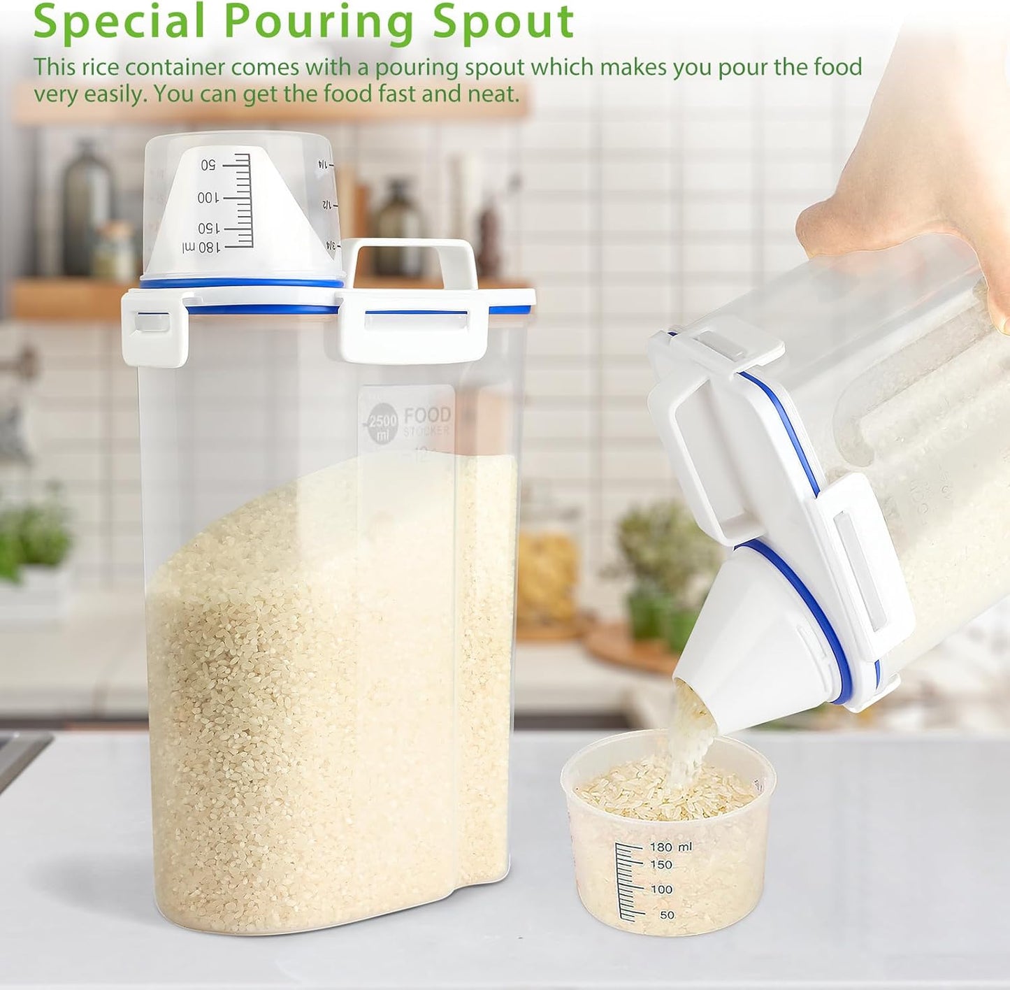 Viretec Rice Airtight Storage Container, 3 to 5Lbs Cereal Dry Food Flour Bin, Pet Dog Cat Food Dispenser with Measuring Cup, BPA Free Clear Plastic Kitchen and Pantry Organization Bin for Sugar