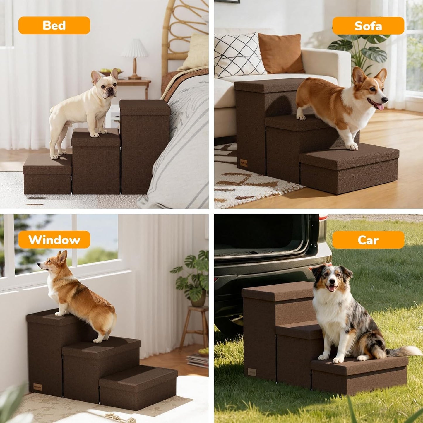 3-Step Wide Dog Stairs with Hidden Storage 18" H, Non-Slip Dog Steps for High Bed Couch Window Car, Jiont-Friendly Pet Stairs Ramp for Small/Medium/Large Old Dogs Cats Up to 200lbs, Grey