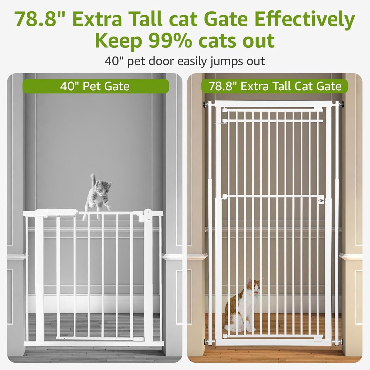 78.8" Extra Tall Cat Gate, 28.3-33" Wide Safety Metal Cat Door, Pressure Mounted Easy Walk Through Pet Gate with Door for Stairs, Doorways, Black