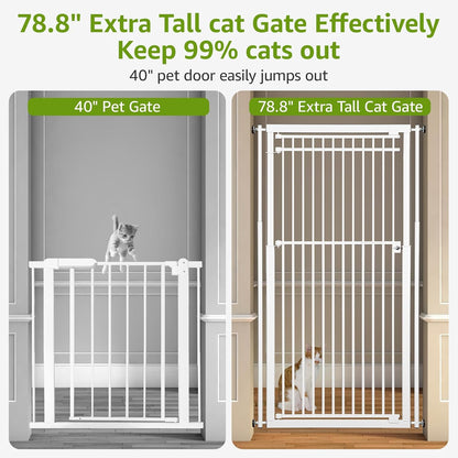 78.8" Extra Tall Cat Gate, 28.3-33" Wide Safety Metal Cat Door, Pressure Mounted Easy Walk Through Pet Gate with Door for Stairs, Doorways, Black