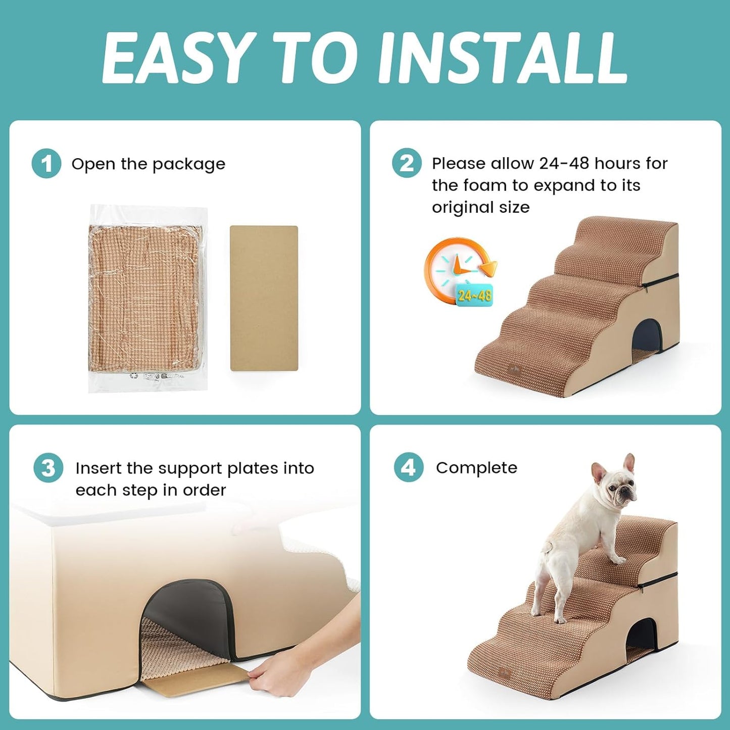 COZY KISS Extra Wide Dog Stairs with Tunnel, Foam Detachable Large Dog Step for Small Pet, Puppy or Cats, Medium Pet Ramp for High Bed, Couch, Sofa or Car, 19.7x33x22.4 inch, 5 Step, Beige
