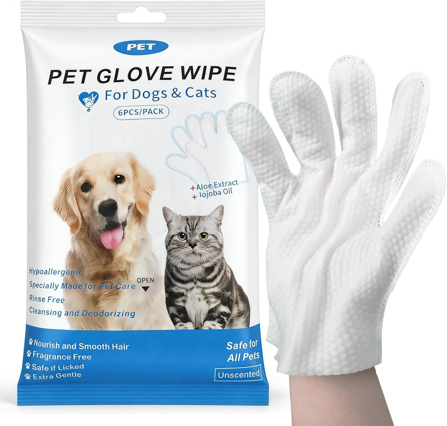 Pet Glove Wipes for Dogs and Cats, Upgraded & Thickened - Hypoallergenic No Rinse Deodorizing Grooming Wipes for Paws, Body, Ears, Face & Coat for Daily Grooming and Travel，6 Count