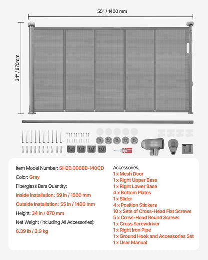 VEVOR Retractable Baby Gate, 34 inch Tall, Extends up to 110 inch Wide, Retractable Gate for Kids or Pets, Mesh Material, Easy to Install for Indoor Stairs, Doorways, Hallways, Playrooms, Gray
