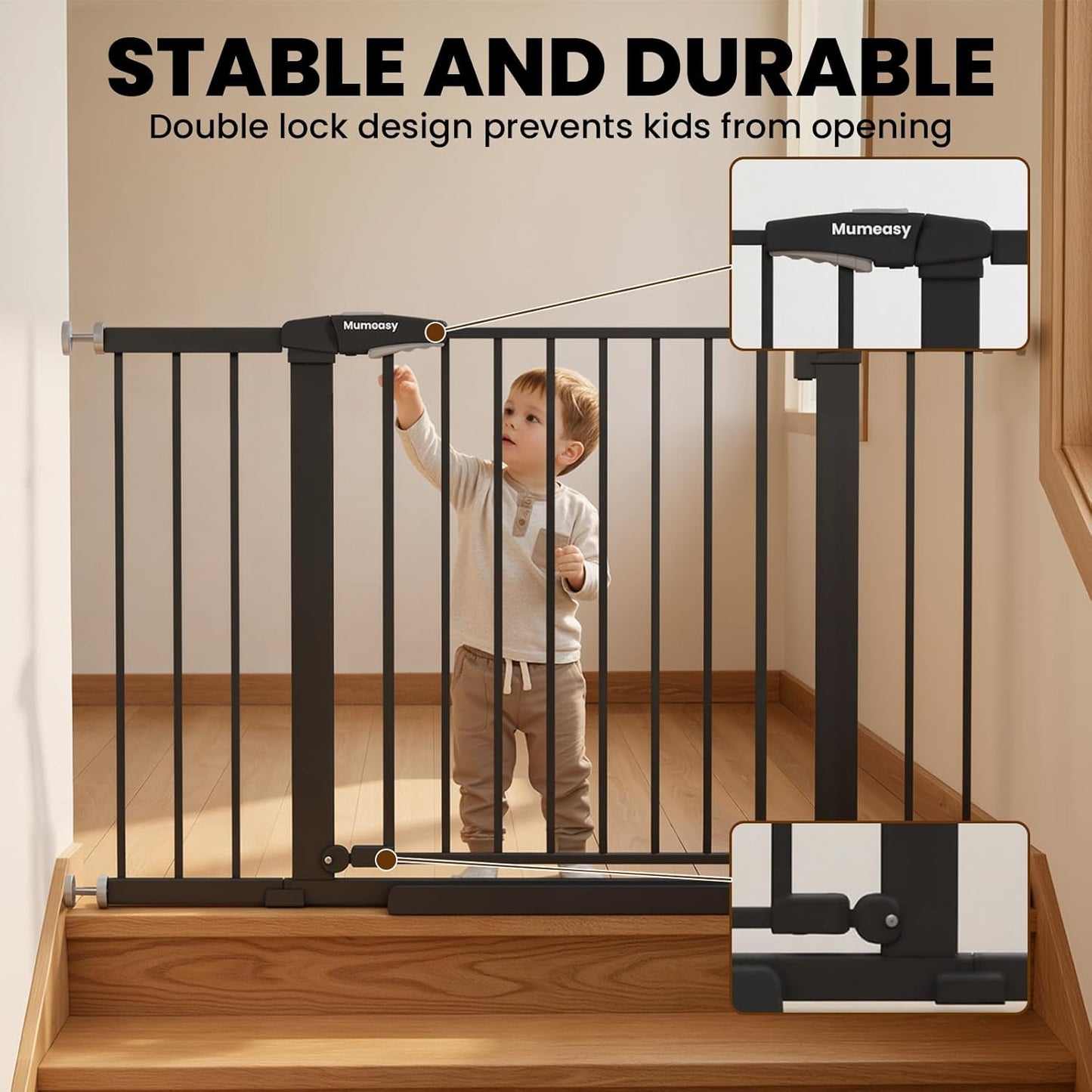 Mumeasy 29.7-46" Baby Gate for Stairs, Pressure Mounted Dog Gate for Doorways, Auto Close Walk Through Pet Gate Indoor, Extra Wide Metal Child Safety Gate, Mom's Choice Awards Winner, Black